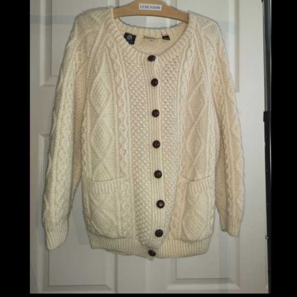 Vintage Aran Irish Boyfriend Crew Neck Cardigan Designer - Picture 3 of 7